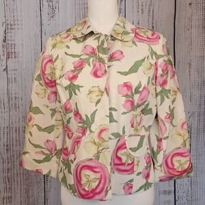 Vintage Ann Taylor LOFT 4 Rose Floral Linen Blend Cropped Blazer Garden Party